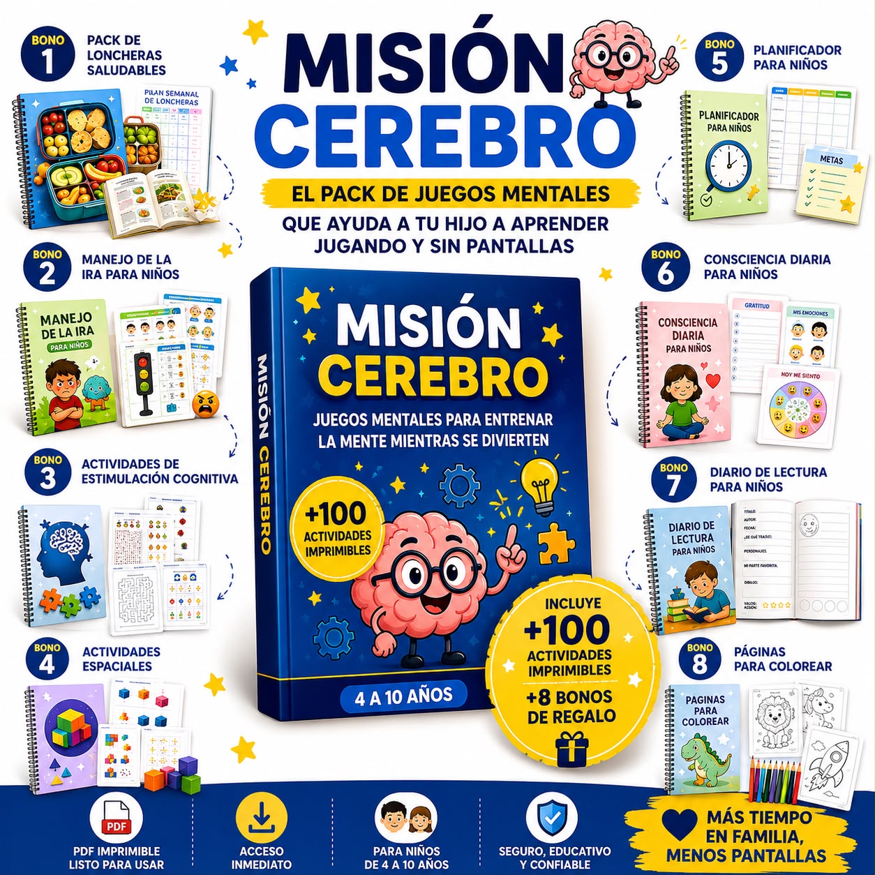 🧠✨ La Gran Guía Misión Cerebro ✨🧠  📚 El método completo con +100 actividades imprimibles para desarrollar la mente de tu hijo 🚀 mientras juega 🎲, aprende 📖 y se divierte 😄 + 8 BONOS 🎁