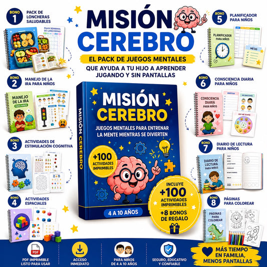 🧠✨ La Gran Guía Misión Cerebro ✨🧠  📚 El método completo con +100 actividades imprimibles para desarrollar la mente de tu hijo 🚀 mientras juega 🎲, aprende 📖 y se divierte 😄 + 8 BONOS 🎁